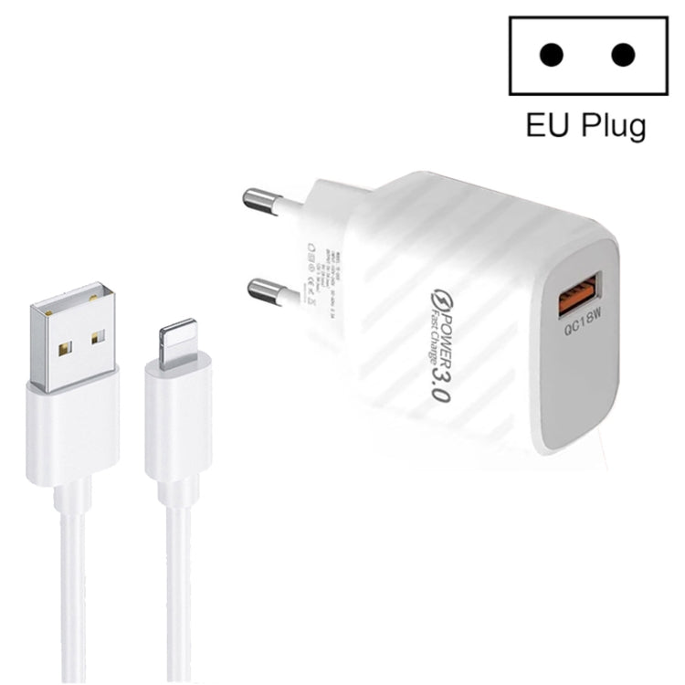 TE-005 QC3.0 18W USB Fast Charger with 1m 3A USB to 8 Pin Cable, EU Plug, EU Plug + 8 Pin Cable