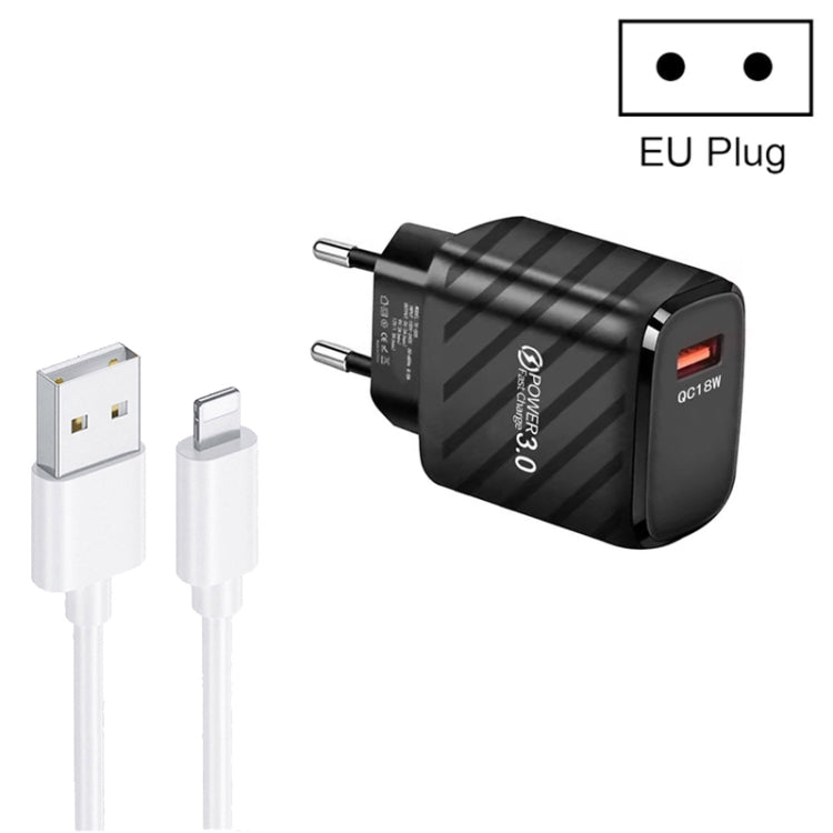 TE-005 QC3.0 18W USB Fast Charger with 1m 3A USB to 8 Pin Cable, EU Plug, EU Plug + 8 Pin Cable