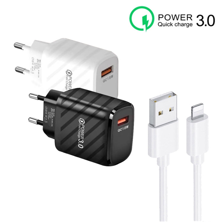 TE-005 QC3.0 18W USB Fast Charger with 1m 3A USB to 8 Pin Cable, EU Plug, EU Plug + 8 Pin Cable