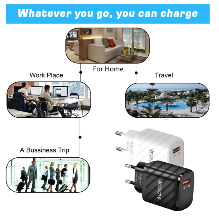 TE-005 QC3.0 18W USB Fast Charger with 1m 3A USB to 8 Pin Cable, EU Plug, EU Plug + 8 Pin Cable