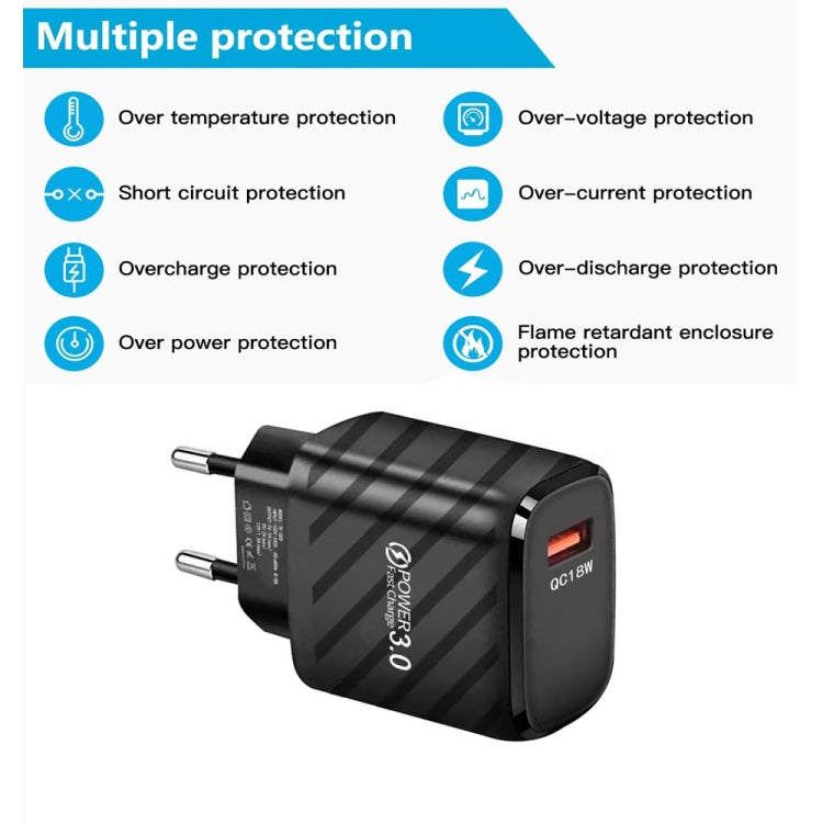 TE-005 QC3.0 18W USB Fast Charger with 1m 3A USB to 8 Pin Cable, EU Plug, EU Plug + 8 Pin Cable