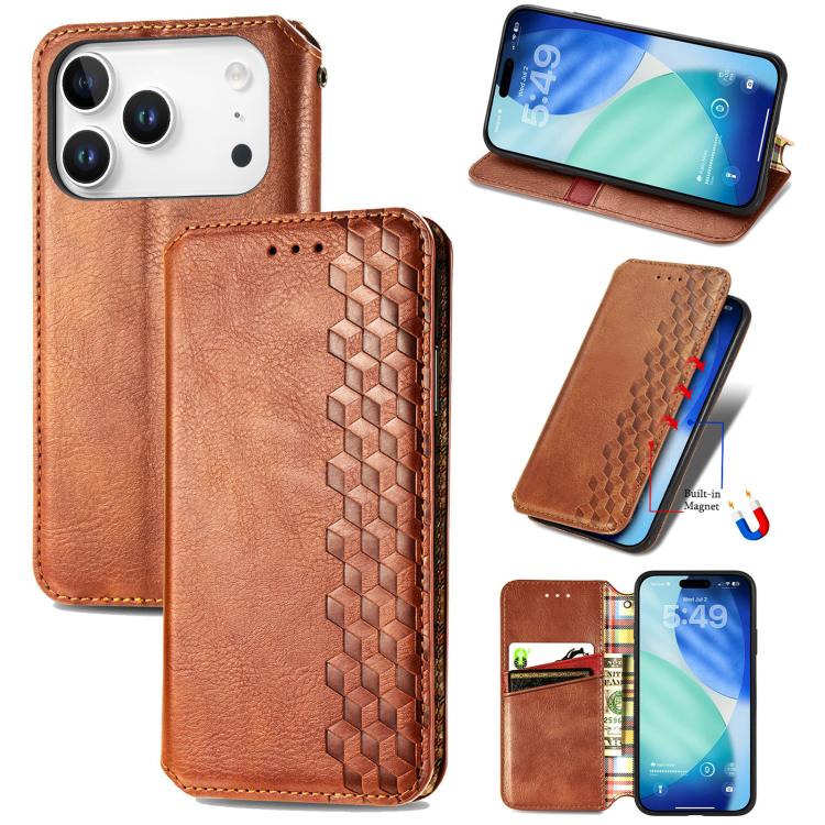 Cubic Grid Pressed Magnetic Leather Phone Case, For iPhone 18 Pro / 17 Pro, For iPhone 18 Pro Max / 17 Pro Max, For iPhone 17e / 16e, For iPhone 17