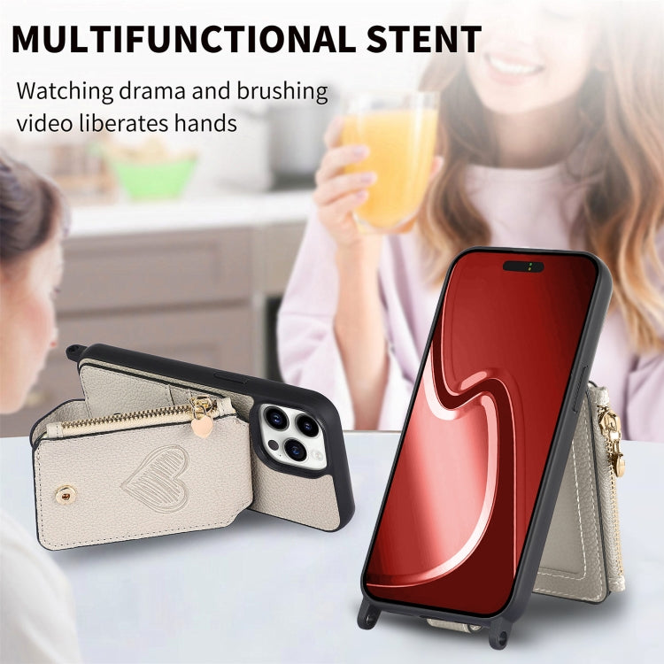 Crossbody Love Zipper Leather Back Phone Case, For iPhone 15 Pro Max, For iPhone 15 Pro, For iPhone 15