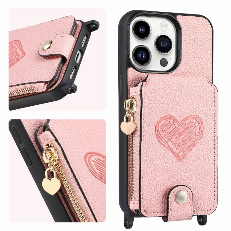 Crossbody Love Zipper Leather Back Phone Case, For iPhone 15 Pro Max, For iPhone 15 Pro, For iPhone 15