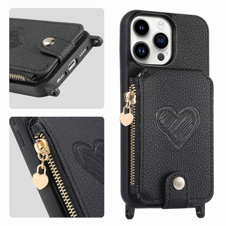 Crossbody Love Zipper Leather Back Phone Case, For iPhone 15 Pro Max, For iPhone 15 Pro, For iPhone 15