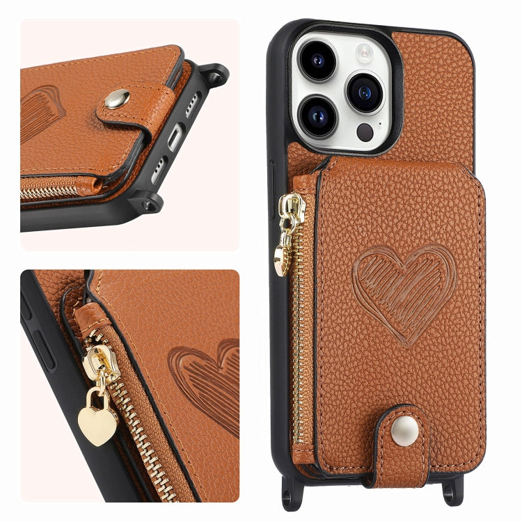 Crossbody Love Zipper Leather Back Phone Case, For iPhone 15 Pro Max, For iPhone 15 Pro, For iPhone 15