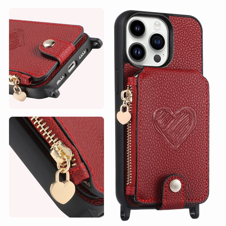Crossbody Love Zipper Leather Back Phone Case, For iPhone 15 Pro Max, For iPhone 15 Pro, For iPhone 15