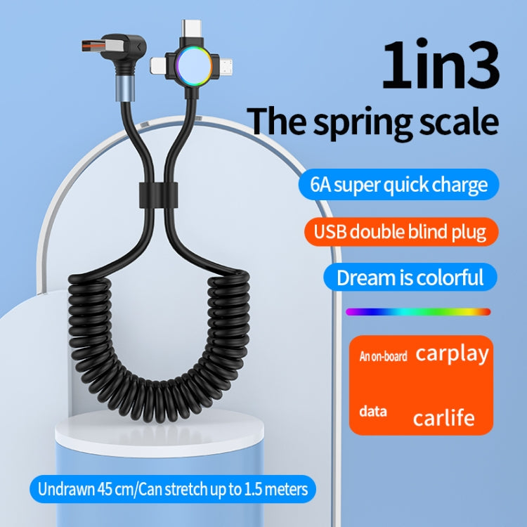 66W 3 in 1 USB to 8 Pin + Micro USB + USB-C / Type-C Fast Charging Elbow Spring Cable, 3 in 1 Multifunctional