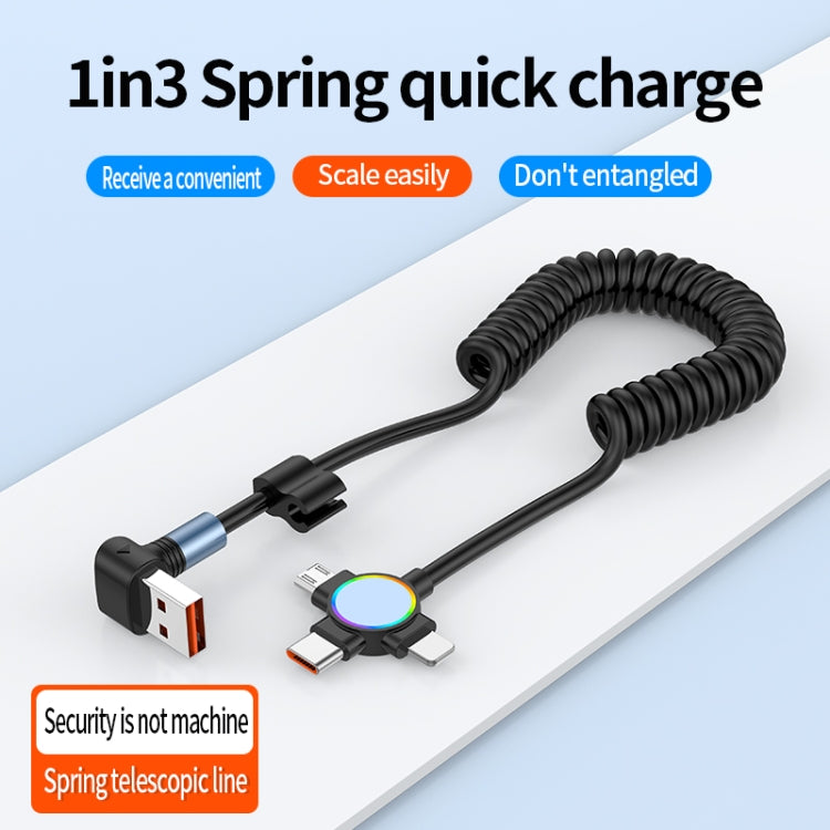66W 3 in 1 USB to 8 Pin + Micro USB + USB-C / Type-C Fast Charging Elbow Spring Cable, 3 in 1 Multifunctional