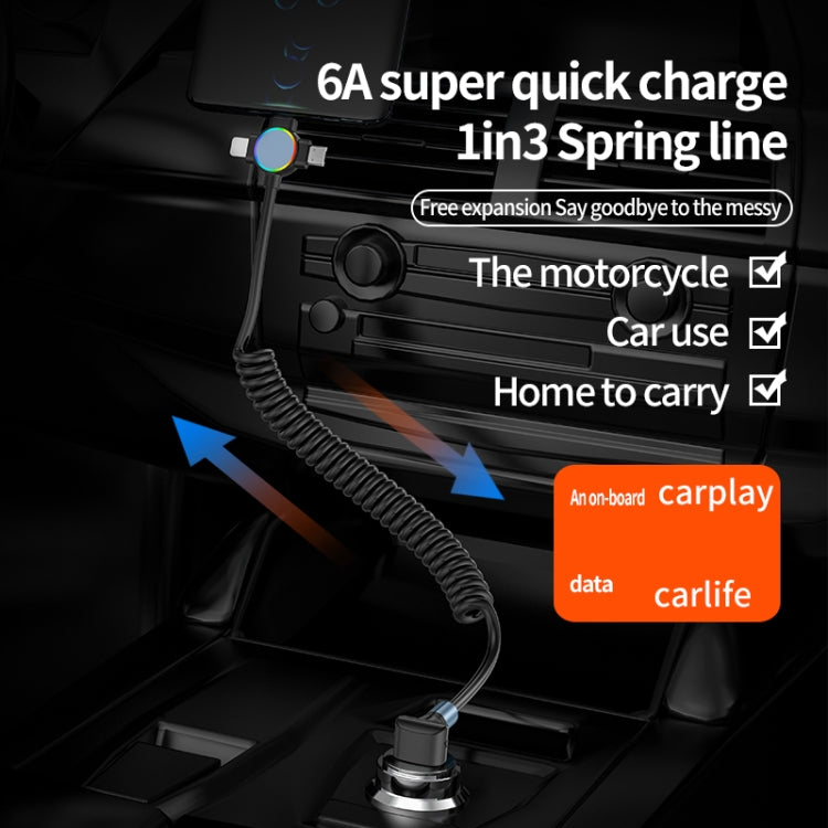 66W 3 in 1 USB to 8 Pin + Micro USB + USB-C / Type-C Fast Charging Elbow Spring Cable, 3 in 1 Multifunctional