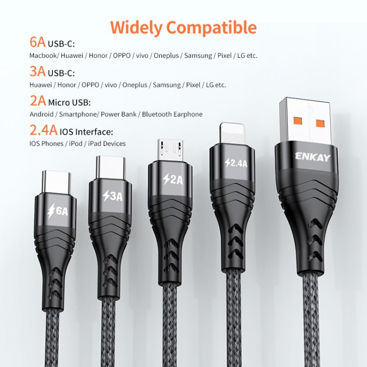 ENKAY 4-in-1 6A USB-A to Type-C / 8 Pin / Micro USB Multifunction Fast Charging Cable, 1m, 2m