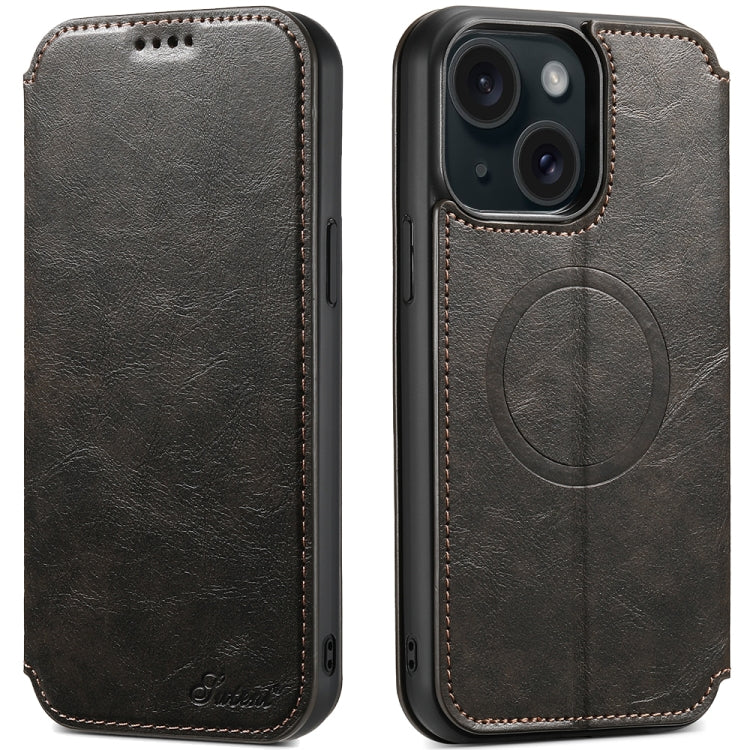 Suteni J05 Leather Magnetic MagSafe Phone Case, For iPhone 15 Plus, For iPhone 15