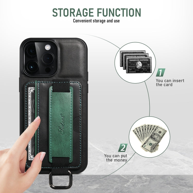 Suteni H13 Card Wallet Wrist Strap Holder PU Phone Case, For iPhone 16 Plus, For iPhone 16, For iPhone 15 Pro Max, For iPhone 15 Pro, For iPhone 15 Plus, For iPhone 15, For iPhone 17e / 16e