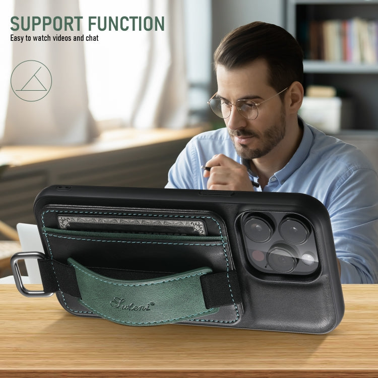 Suteni H13 Card Wallet Wrist Strap Holder PU Phone Case, For iPhone 16 Plus, For iPhone 16, For iPhone 15 Pro Max, For iPhone 15 Pro, For iPhone 15 Plus, For iPhone 15, For iPhone 17e / 16e