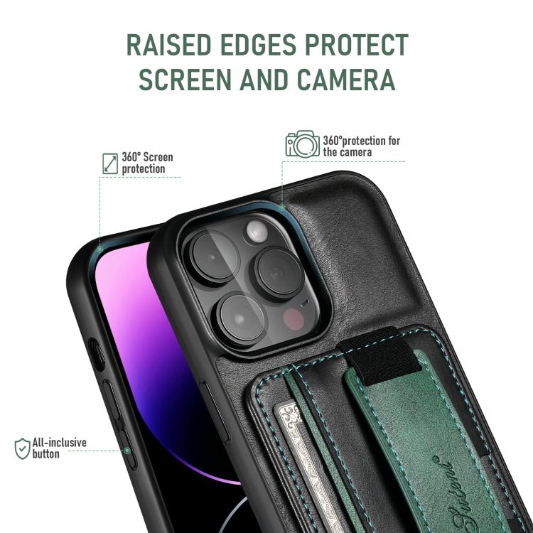 Suteni H13 Card Wallet Wrist Strap Holder PU Phone Case, For iPhone 16 Plus, For iPhone 16, For iPhone 15 Pro Max, For iPhone 15 Pro, For iPhone 15 Plus, For iPhone 15, For iPhone 17e / 16e
