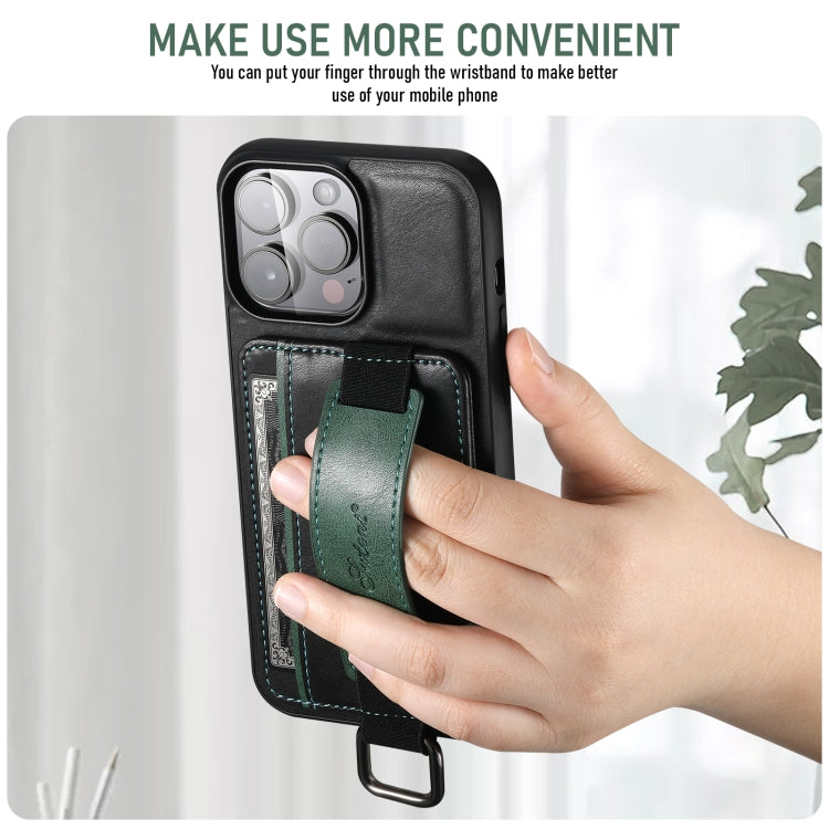 Suteni H13 Card Wallet Wrist Strap Holder PU Phone Case, For iPhone 16 Plus, For iPhone 16, For iPhone 15 Pro Max, For iPhone 15 Pro, For iPhone 15 Plus, For iPhone 15, For iPhone 17e / 16e