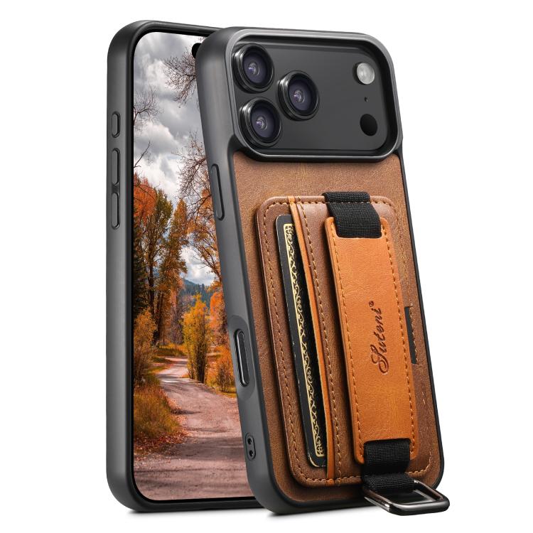Suteni H13 Card Wallet Wrist Strap Holder PU Phone Case, For iPhone 18, For iPhone 18 Pro, For iPhone 18 Pro Max, For iPhone 17 Pro Max, For iPhone 17 Pro, For iPhone 17, For iPhone  Air, For iPhone 16 Pro Max
