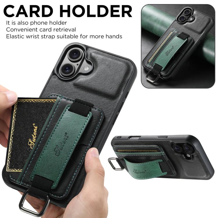 Suteni H13 Card Wallet Wrist Strap Holder PU Phone Case, For iPhone 18, For iPhone 18 Pro, For iPhone 18 Pro Max, For iPhone 17 Pro Max, For iPhone 17 Pro, For iPhone 17, For iPhone  Air, For iPhone 16 Pro Max