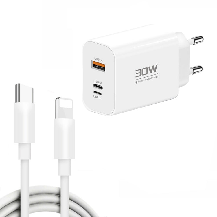 PD30W USB-C / Type-C + 8 Pin + USB Charger with Type-C to 8 Pin Date Cable, PD004 + PD Cable