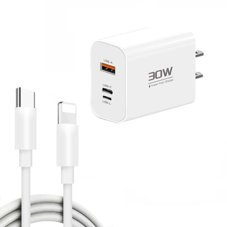 PD30W USB-C / Type-C + 8 Pin + USB Charger with Type-C to 8 Pin Date Cable, PD004 + PD Cable