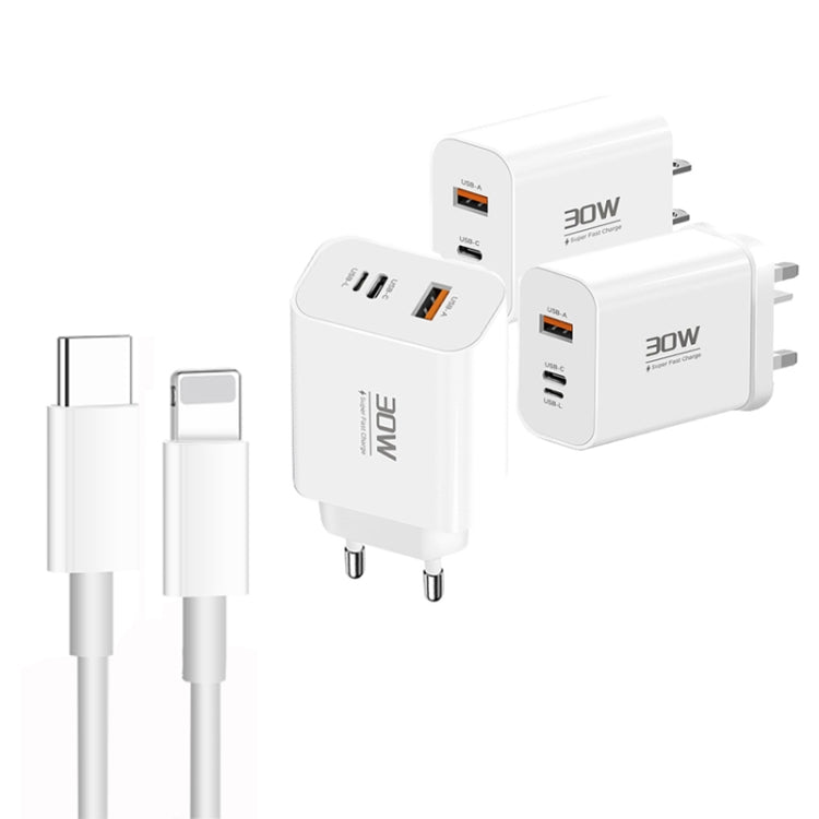 PD30W USB-C / Type-C + 8 Pin + USB Charger with Type-C to 8 Pin Date Cable, PD004 + PD Cable