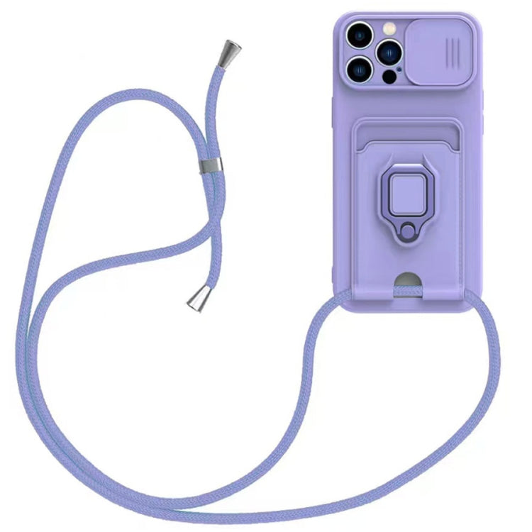 Sliding Camshield Magnetic Card Holder Silicone Phone Case with Lanyard, For iPhone 7 / 8 / SE 2022, For iPhone 13 Pro Max, For iPhone 13 Pro, For iPhone 13