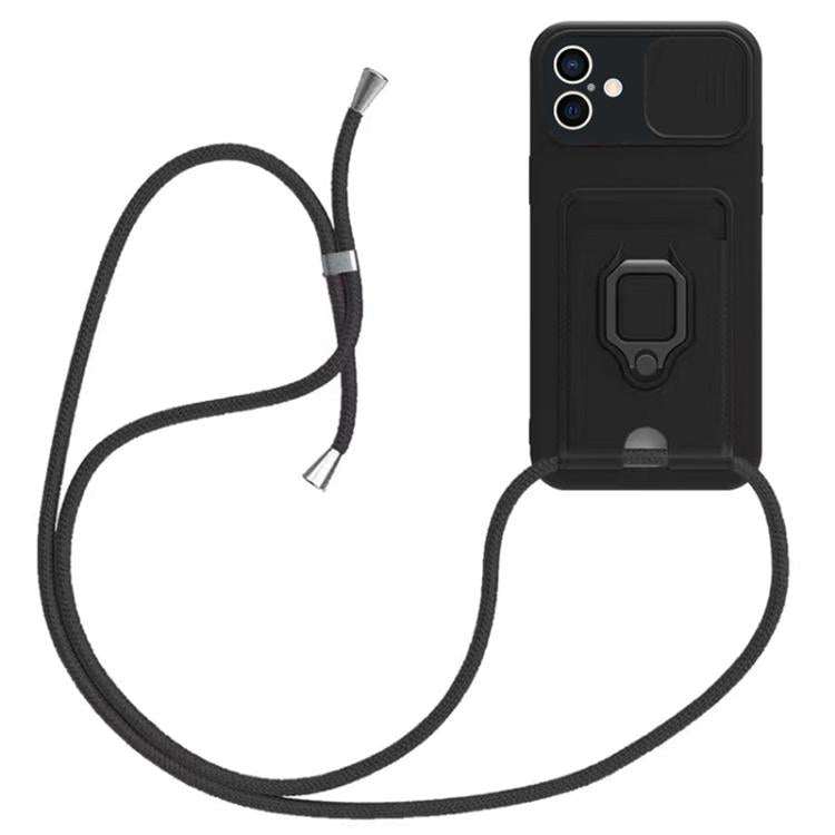 Sliding Camshield Magnetic Card Holder Silicone Phone Case with Lanyard