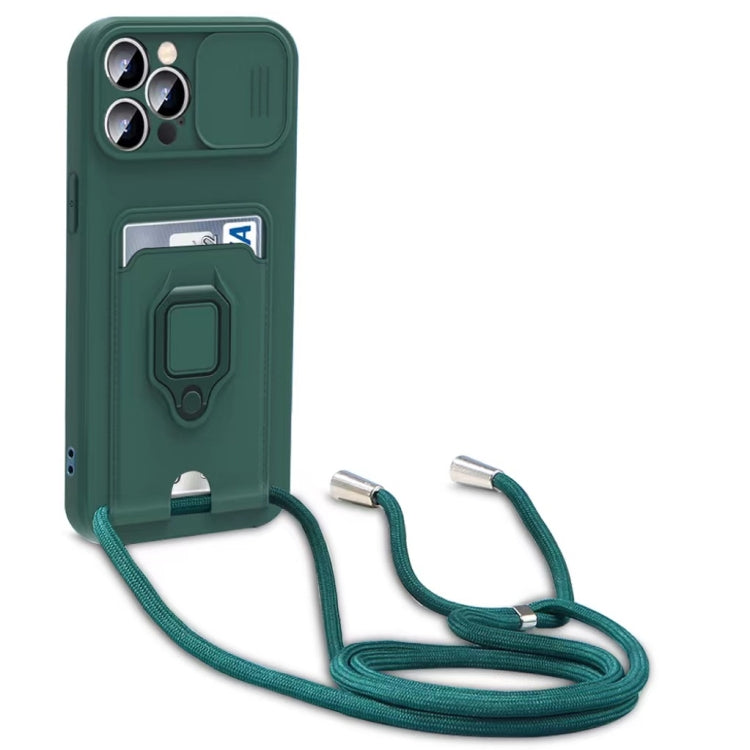 Sliding Camshield Magnetic Card Holder Silicone Phone Case with Lanyard