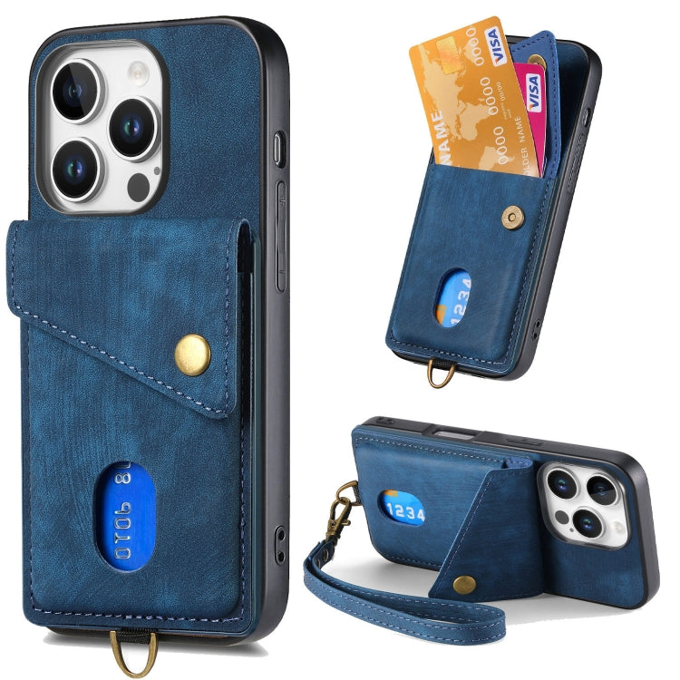 Retro Card Wallet Fold Leather Phone Case with Strap, For iPhone Air, For iPhone 16 Pro Max, For iPhone 16 Pro, For iPhone 16 Plus