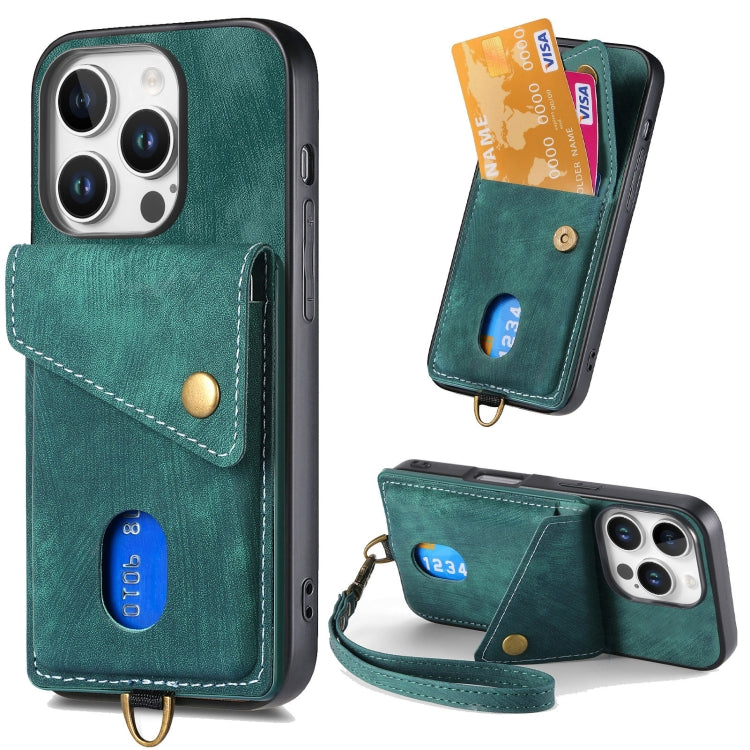 Retro Card Wallet Fold Leather Phone Case with Strap, For iPhone Air, For iPhone 16 Pro Max, For iPhone 16 Pro, For iPhone 16 Plus