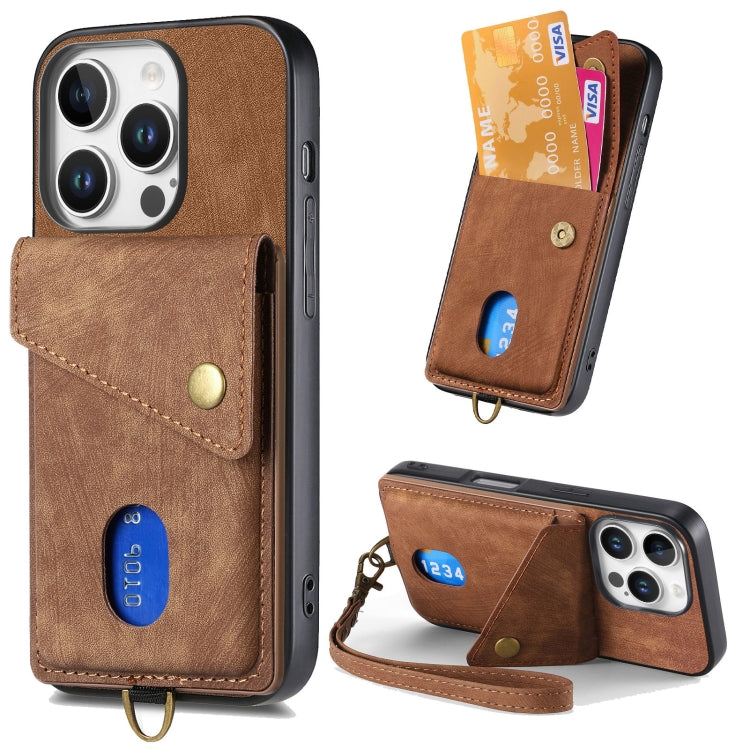 Retro Card Wallet Fold Leather Phone Case with Strap, For iPhone Air, For iPhone 16 Pro Max, For iPhone 16 Pro, For iPhone 16 Plus