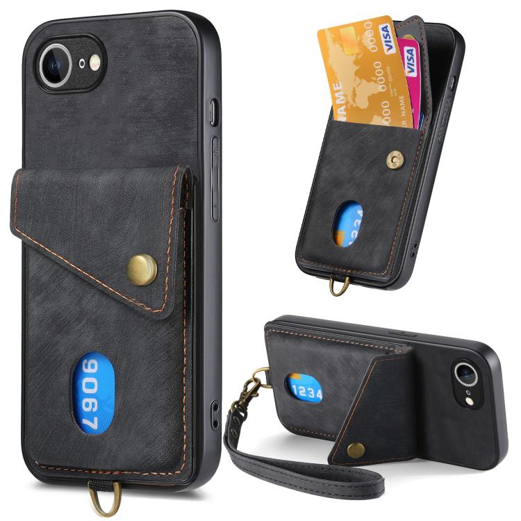 Retro Card Wallet Fold Leather Phone Case with Strap, For iPhone 18 Pro / 17 Pro, For iPhone 18 Pro Max / 17 Pro Max, For iPhone 17e / 16e, For iPhone 17