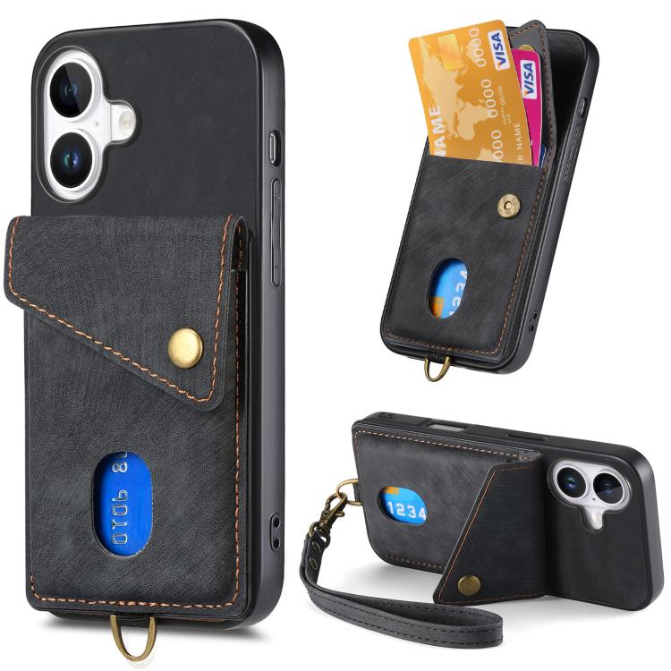 Retro Card Wallet Fold Leather Phone Case with Strap, For iPhone 18 Pro / 17 Pro, For iPhone 18 Pro Max / 17 Pro Max, For iPhone 17e / 16e, For iPhone 17