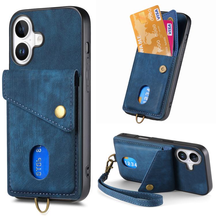 Retro Card Wallet Fold Leather Phone Case with Strap, For iPhone 17e / 16e, For iPhone 17 Pro Max, For iPhone 17 Pro, For iPhone 17