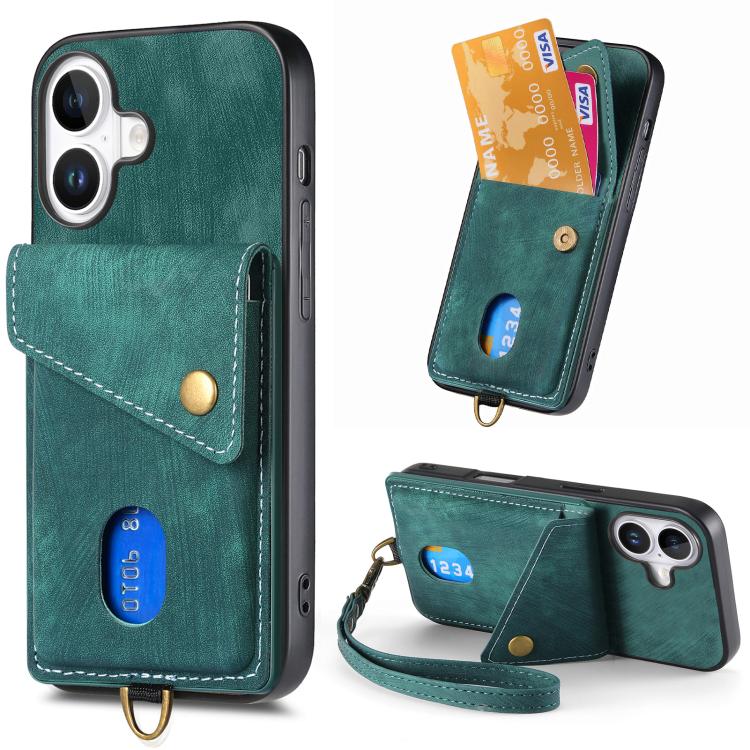 Retro Card Wallet Fold Leather Phone Case with Strap, For iPhone 17e / 16e, For iPhone 17 Pro Max, For iPhone 17 Pro, For iPhone 17