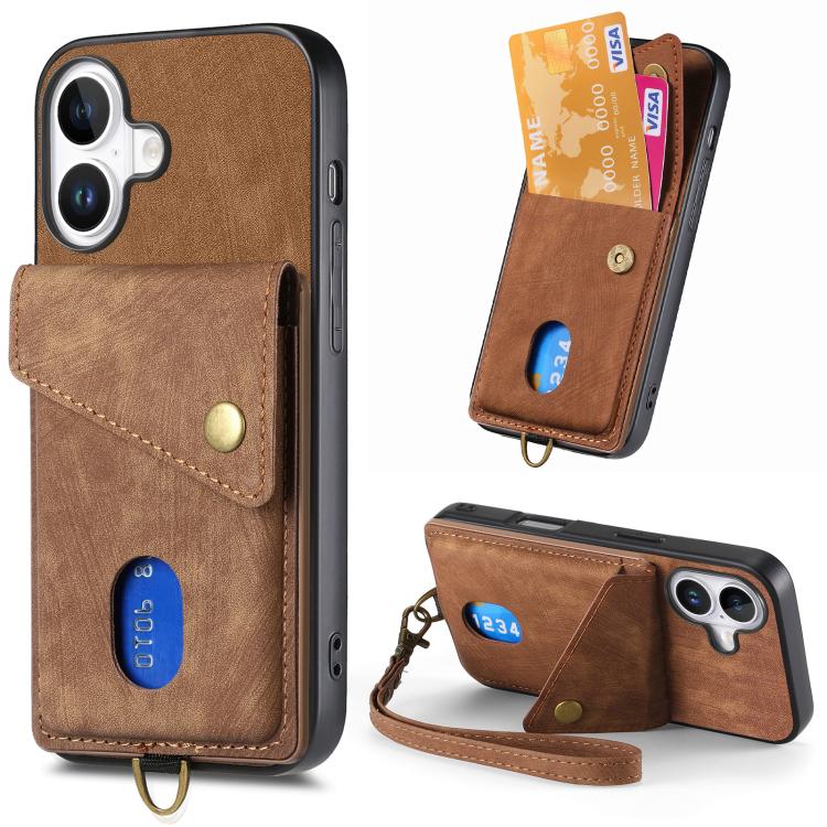 Retro Card Wallet Fold Leather Phone Case with Strap, For iPhone 17e / 16e, For iPhone 17 Pro Max, For iPhone 17 Pro, For iPhone 17