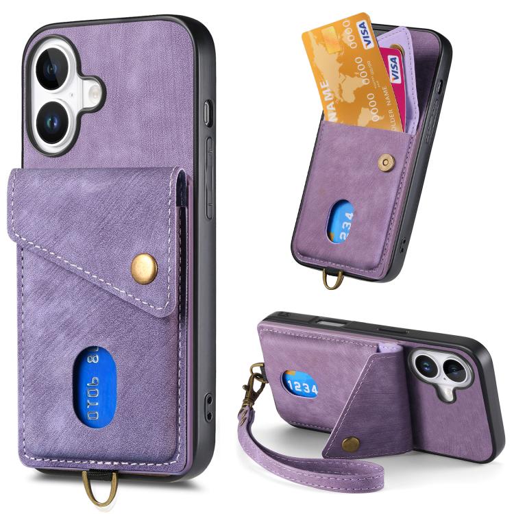 Retro Card Wallet Fold Leather Phone Case with Strap, For iPhone 17e / 16e, For iPhone 17 Pro Max, For iPhone 17 Pro, For iPhone 17