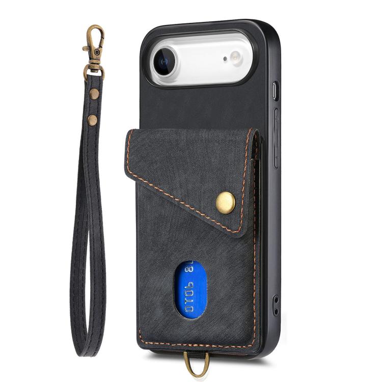 Retro Card Wallet Fold Leather Phone Case with Strap, For iPhone Air, For iPhone 16 Pro Max, For iPhone 16 Pro, For iPhone 16 Plus