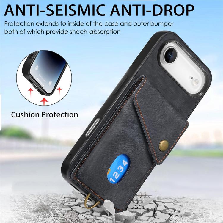 Retro Card Wallet Fold Leather Phone Case with Strap, For iPhone Air, For iPhone 16 Pro Max, For iPhone 16 Pro, For iPhone 16 Plus