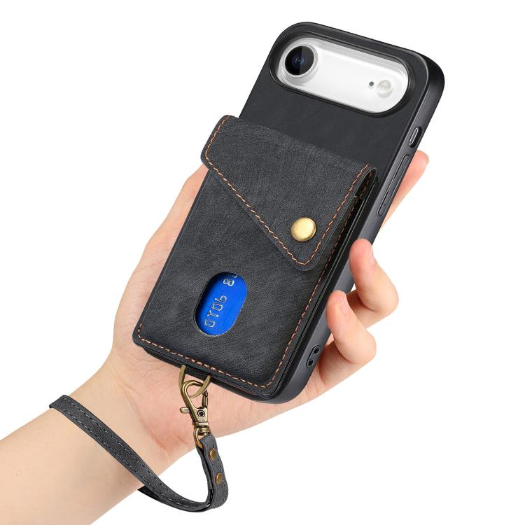 Retro Card Wallet Fold Leather Phone Case with Strap, For iPhone Air, For iPhone 16 Pro Max, For iPhone 16 Pro, For iPhone 16 Plus