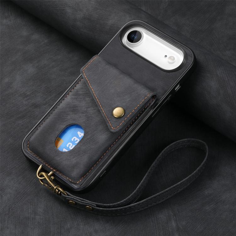 Retro Card Wallet Fold Leather Phone Case with Strap, For iPhone Air, For iPhone 16 Pro Max, For iPhone 16 Pro, For iPhone 16 Plus