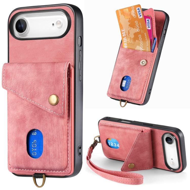 Retro Card Wallet Fold Leather Phone Case with Strap, For iPhone Air, For iPhone 16 Pro Max, For iPhone 16 Pro, For iPhone 16 Plus