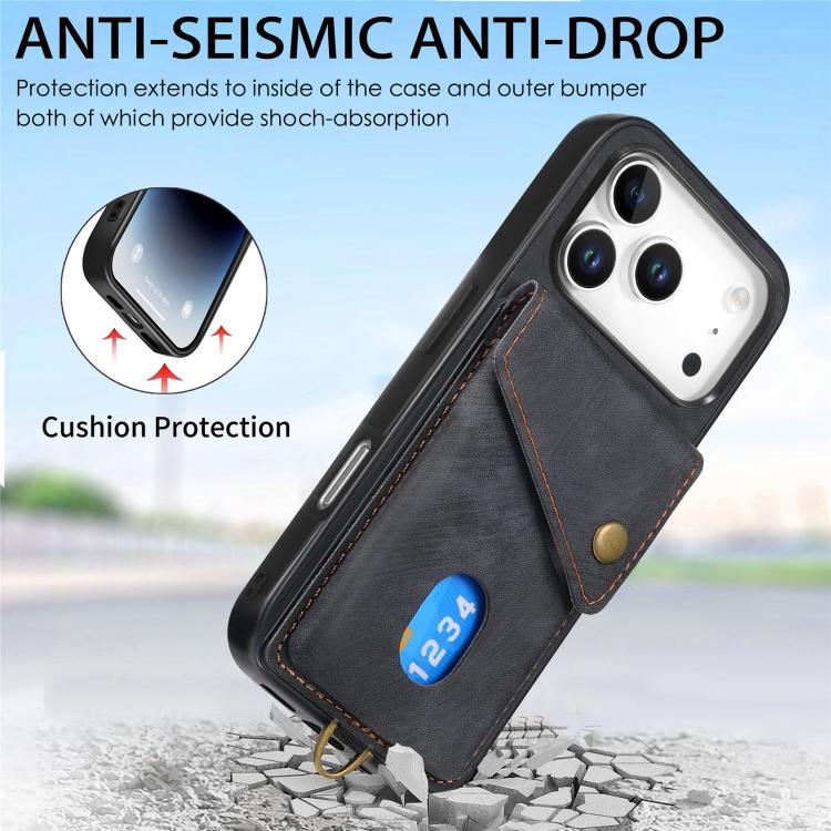 Retro Card Wallet Fold Leather Phone Case with Strap, For iPhone 18 Pro / 17 Pro, For iPhone 18 Pro Max / 17 Pro Max, For iPhone 17e / 16e, For iPhone 17