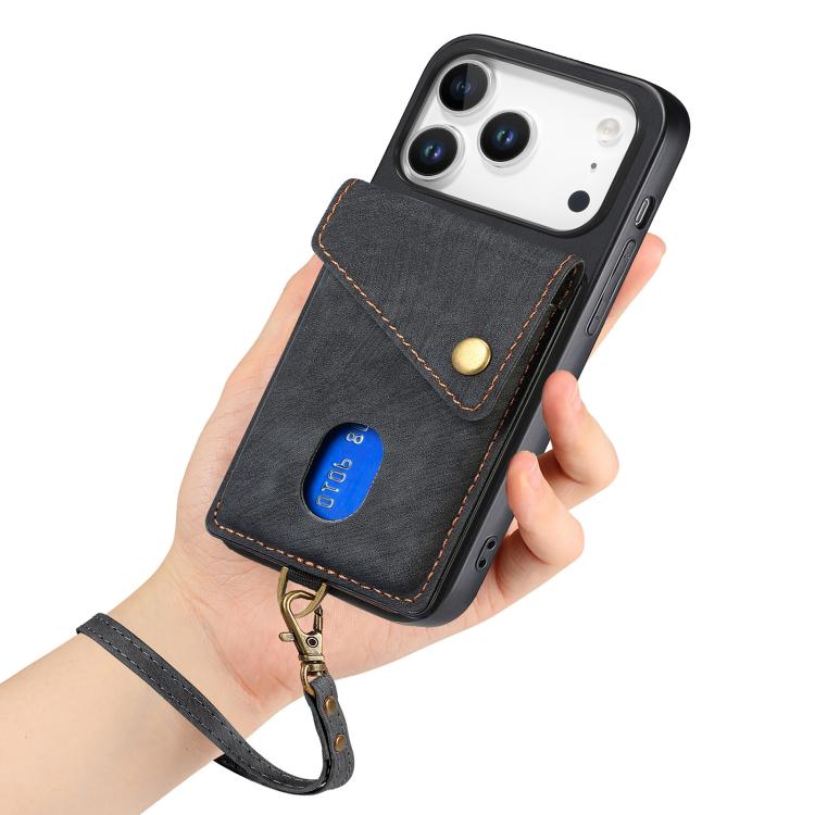 Retro Card Wallet Fold Leather Phone Case with Strap, For iPhone 18 Pro / 17 Pro, For iPhone 18 Pro Max / 17 Pro Max, For iPhone 17e / 16e, For iPhone 17