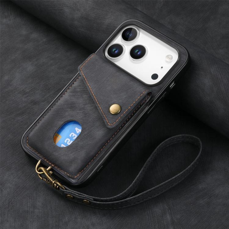 Retro Card Wallet Fold Leather Phone Case with Strap, For iPhone 18 Pro / 17 Pro, For iPhone 18 Pro Max / 17 Pro Max, For iPhone 17e / 16e, For iPhone 17