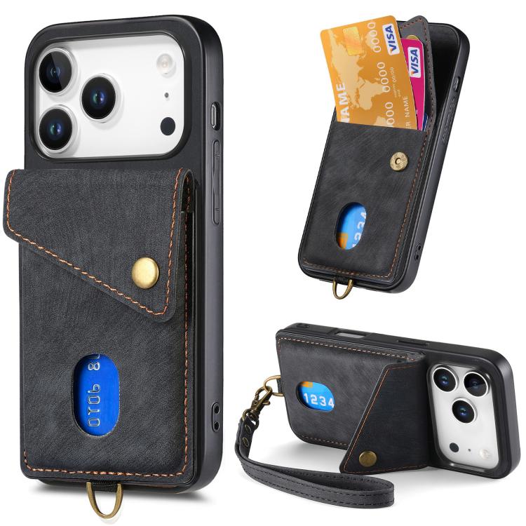 Retro Card Wallet Fold Leather Phone Case with Strap, For iPhone 18 Pro / 17 Pro, For iPhone 18 Pro Max / 17 Pro Max, For iPhone 17e / 16e, For iPhone 17