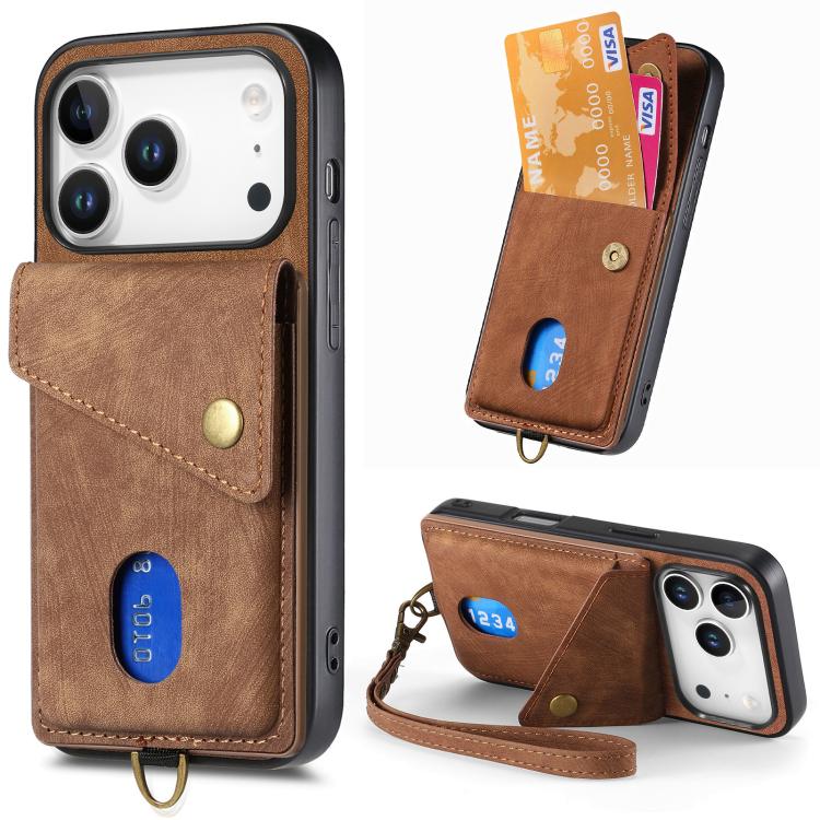 Retro Card Wallet Fold Leather Phone Case with Strap, For iPhone 18 Pro / 17 Pro, For iPhone 18 Pro Max / 17 Pro Max, For iPhone 17e / 16e, For iPhone 17
