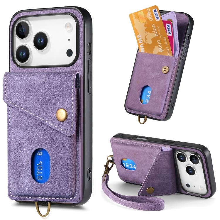 Retro Card Wallet Fold Leather Phone Case with Strap, For iPhone 18 Pro / 17 Pro, For iPhone 18 Pro Max / 17 Pro Max, For iPhone 17e / 16e, For iPhone 17