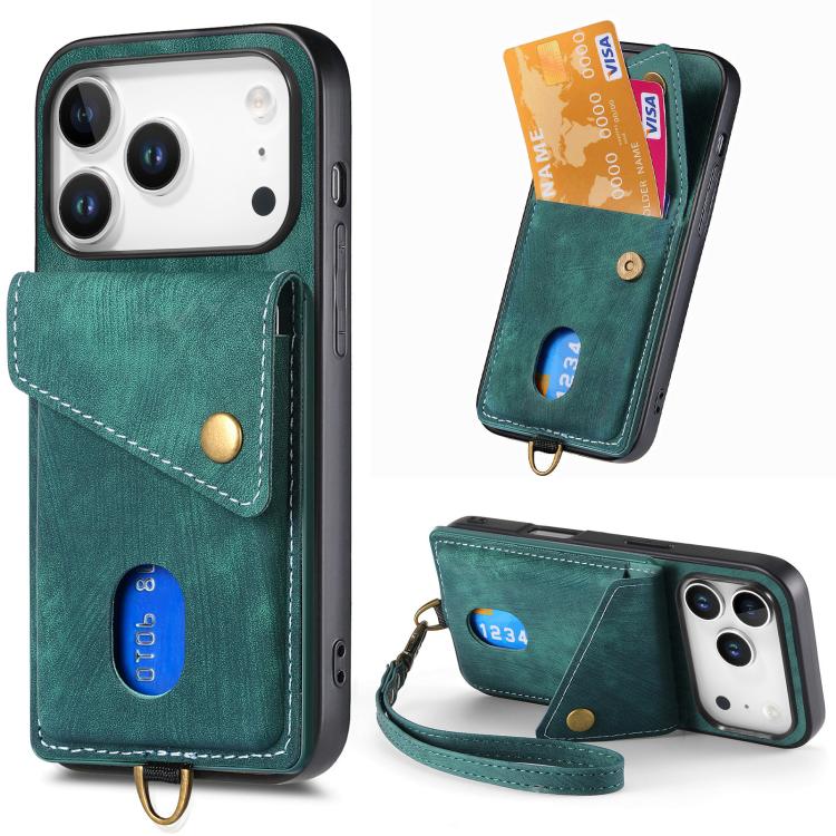 Retro Card Wallet Fold Leather Phone Case with Strap, For iPhone 18 Pro / 17 Pro, For iPhone 18 Pro Max / 17 Pro Max, For iPhone 17e / 16e, For iPhone 17