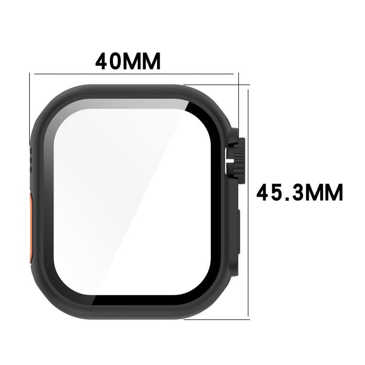 Change to Ultra 49mm Tempered Film Integrated PC Button Watch Case, For Apple Watch Series 6/5/4/SE/SE2 40mm, For Apple Watch Series 9/8/7 45mm, For Apple Watch Series 9/8/7 41mm